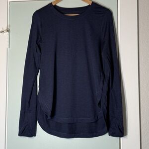 Athleta Uptempo Top Womens Small Navy Blue Long Sleeve Thumbholes Running Yoga